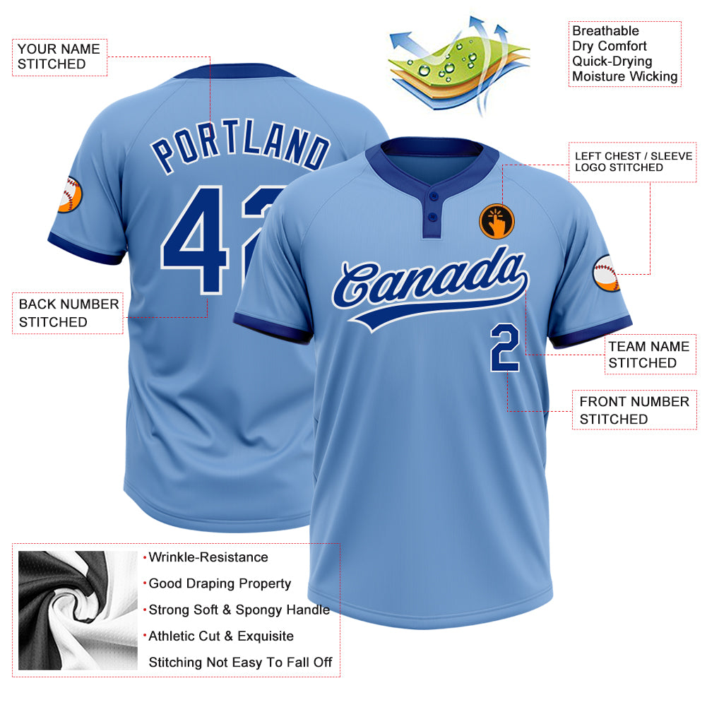 Custom Light Blue Royal-White Two-Button Unisex Softball Jersey Light Blue Two-Button Royal White Unisex Softball Jersey - Customizable Sports Apparel Custom Light Blue Royal-White Two-Button - Image 3
