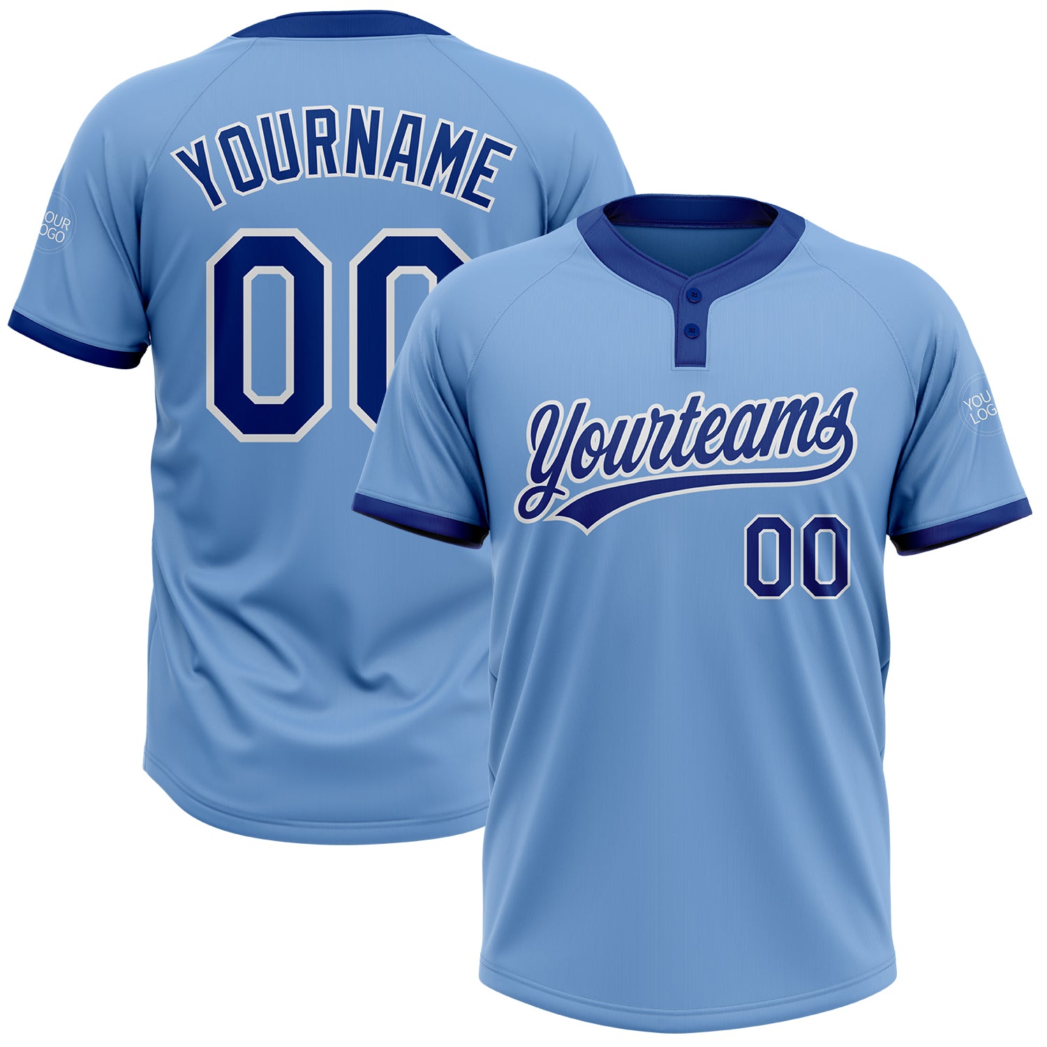 Custom Light Blue Royal-White Two-Button Unisex Softball Jersey Light Blue Two-Button Royal White Unisex Softball Jersey - Customizable Sports Apparel Custom Light Blue Royal-White Two-Button - Image 1