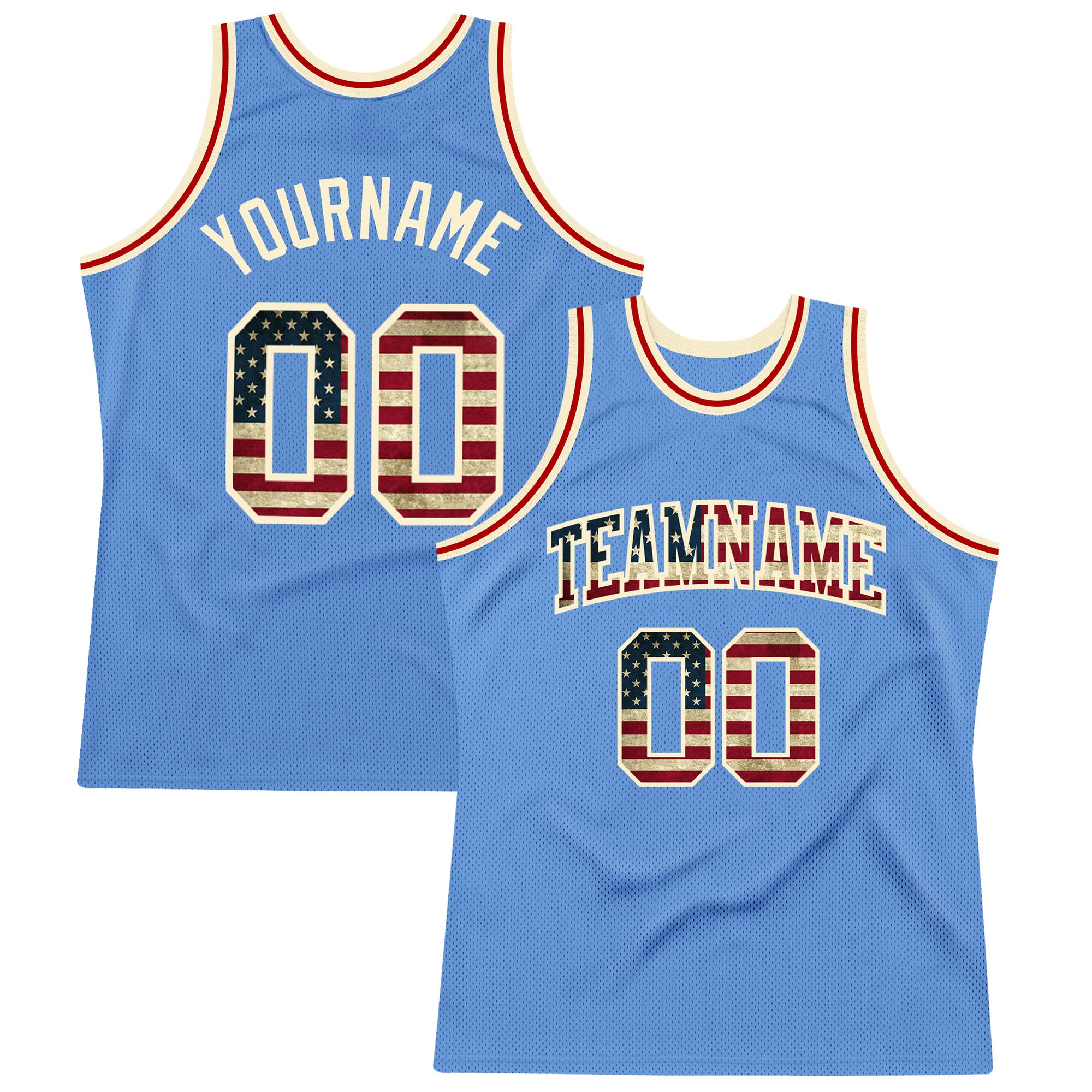 Light Blue Vintage USA Flag Basketball Jersey - Cream Authentic Throwback Design Custom Light Blue Vintage USA Flag-Cream