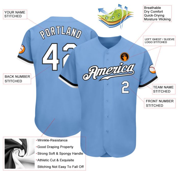 Custom Light Blue and Black Authentic Baseball Jersey, Personalized Design Custom Light Blue White-Black Authentic Baseball - Image 3