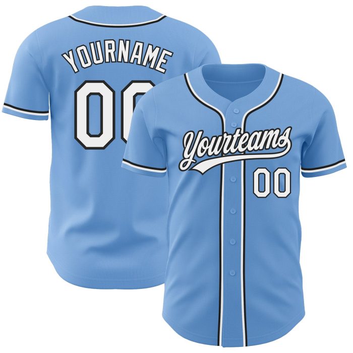 Light Blue Black White Authentic Baseball Jersey, Custom Style 2674 Custom Light Blue White-Black Authentic Baseball Jersey - Image 1