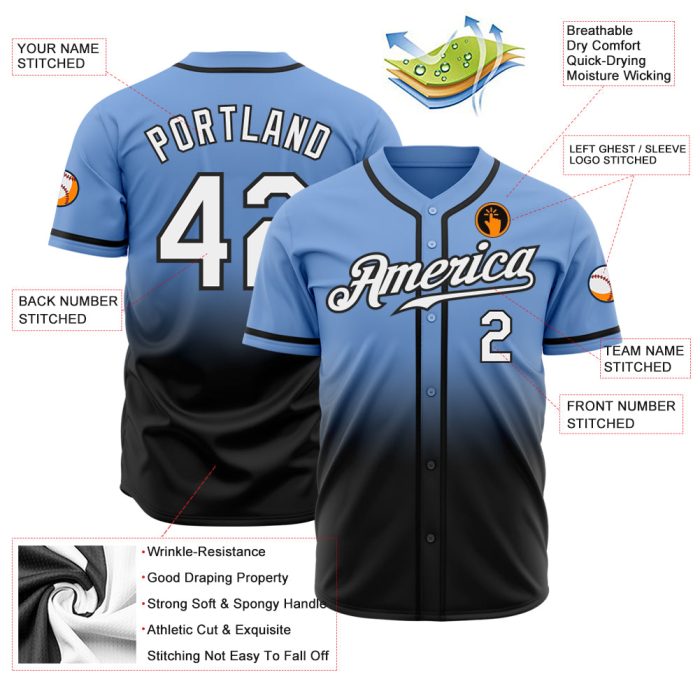 Light Blue Black White Fade Fashion Baseball Jersey - Custom Authentic Design Custom Light Blue White-Black Authentic Fade - Image 2