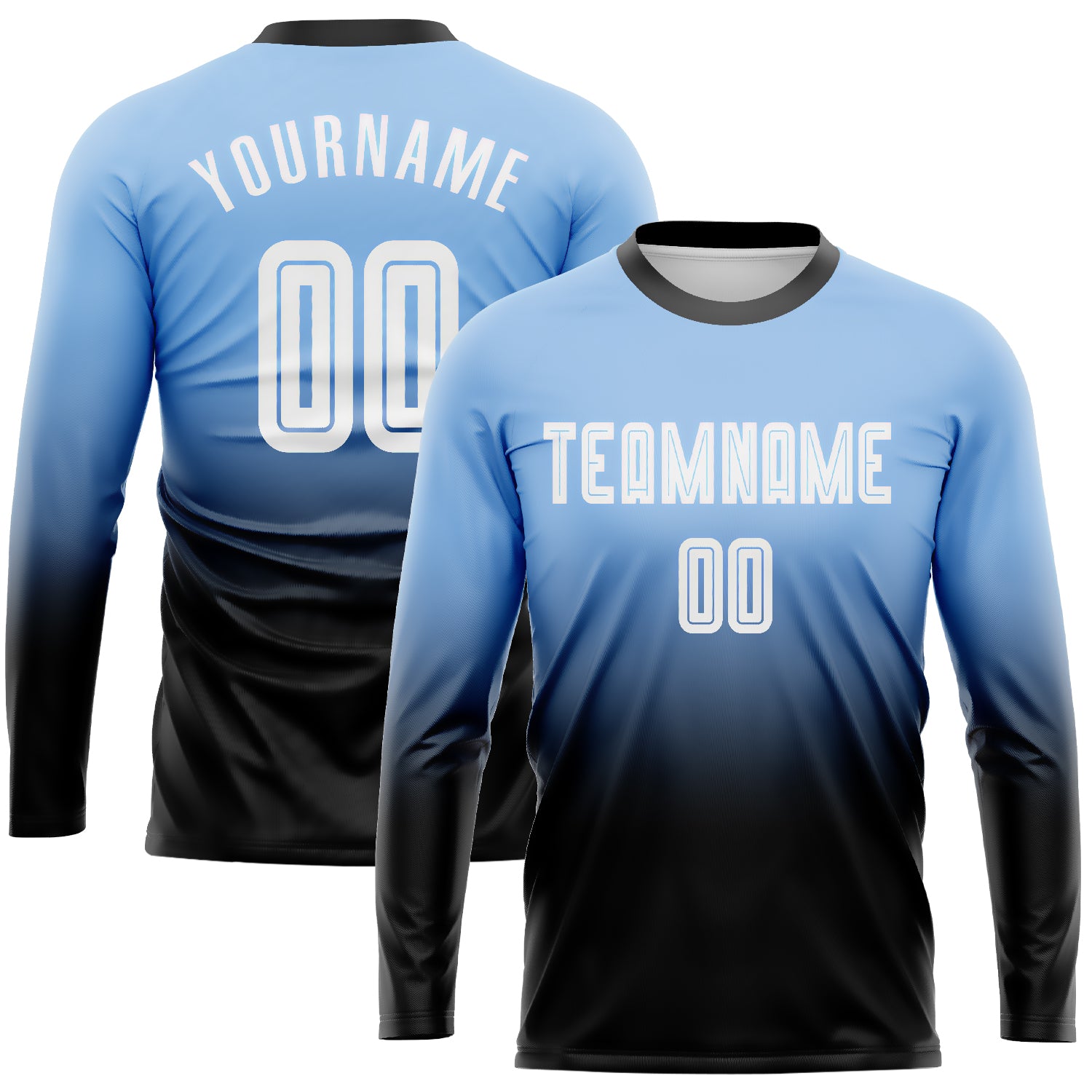 Custom Light Blue White-Black Sublimation Long Sleeve Fade Fashion Soccer Uniform Jersey Light Blue Black White Sublimation Soccer Jersey Long Sleeve Fade Fashion Uniform Custom Light Blue White-Black Sublimation - Image 1
