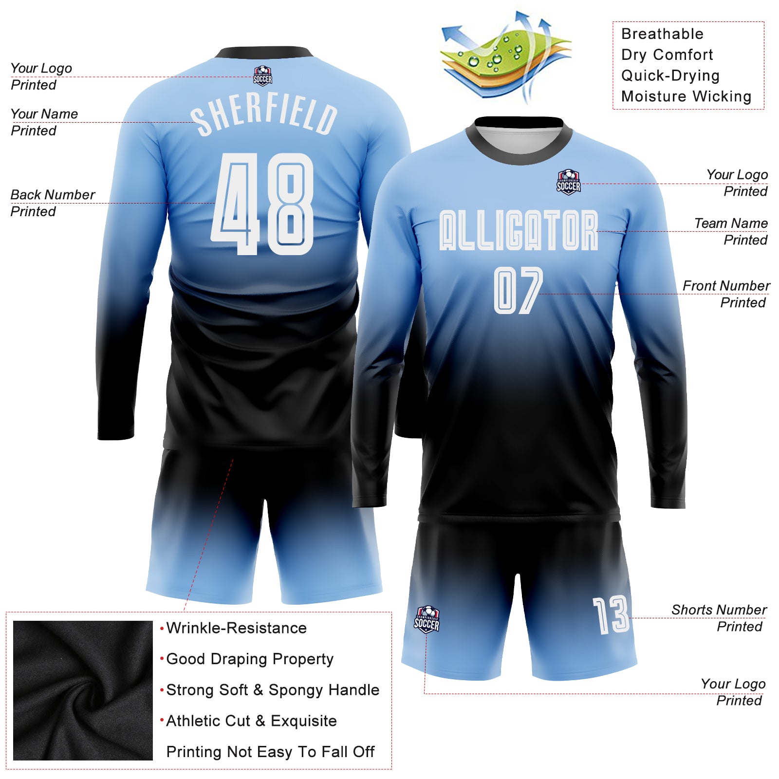 Custom Light Blue White-Black Sublimation Long Sleeve Fade Fashion Soccer Uniform Jersey Light Blue Black White Sublimation Soccer Jersey Long Sleeve Fade Fashion Uniform Custom Light Blue White-Black Sublimation - Image 3