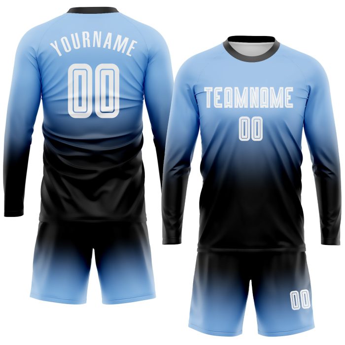 Light Blue Black White Sublimation Soccer Jersey Long Sleeve Fade Fashion Uniform Custom Light Blue White-Black Sublimation - Image 2