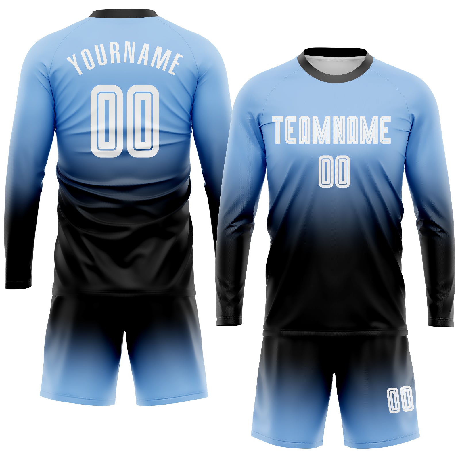 Custom Light Blue White-Black Sublimation Long Sleeve Fade Fashion Soccer Uniform Jersey Light Blue Black White Sublimation Soccer Jersey Long Sleeve Fade Fashion Uniform Custom Light Blue White-Black Sublimation - Image 2