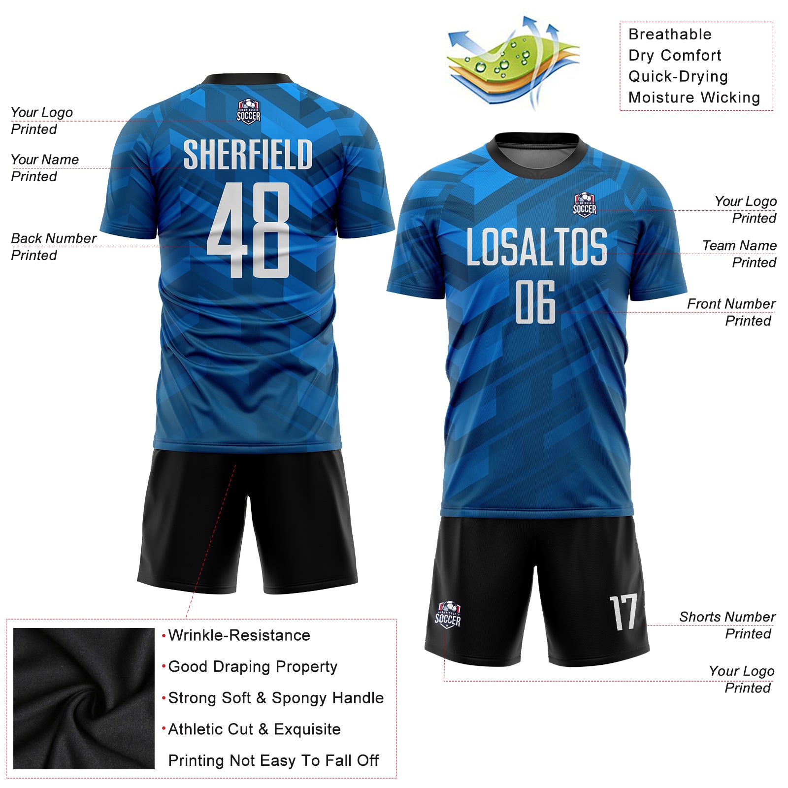 Custom Light Blue White-Black Sublimation Soccer Uniform Jersey Light Blue Black White Sublimation Soccer Jersey - Custom Uniform Custom Light Blue White-Black Sublimation Soccer Uniform - Image 3