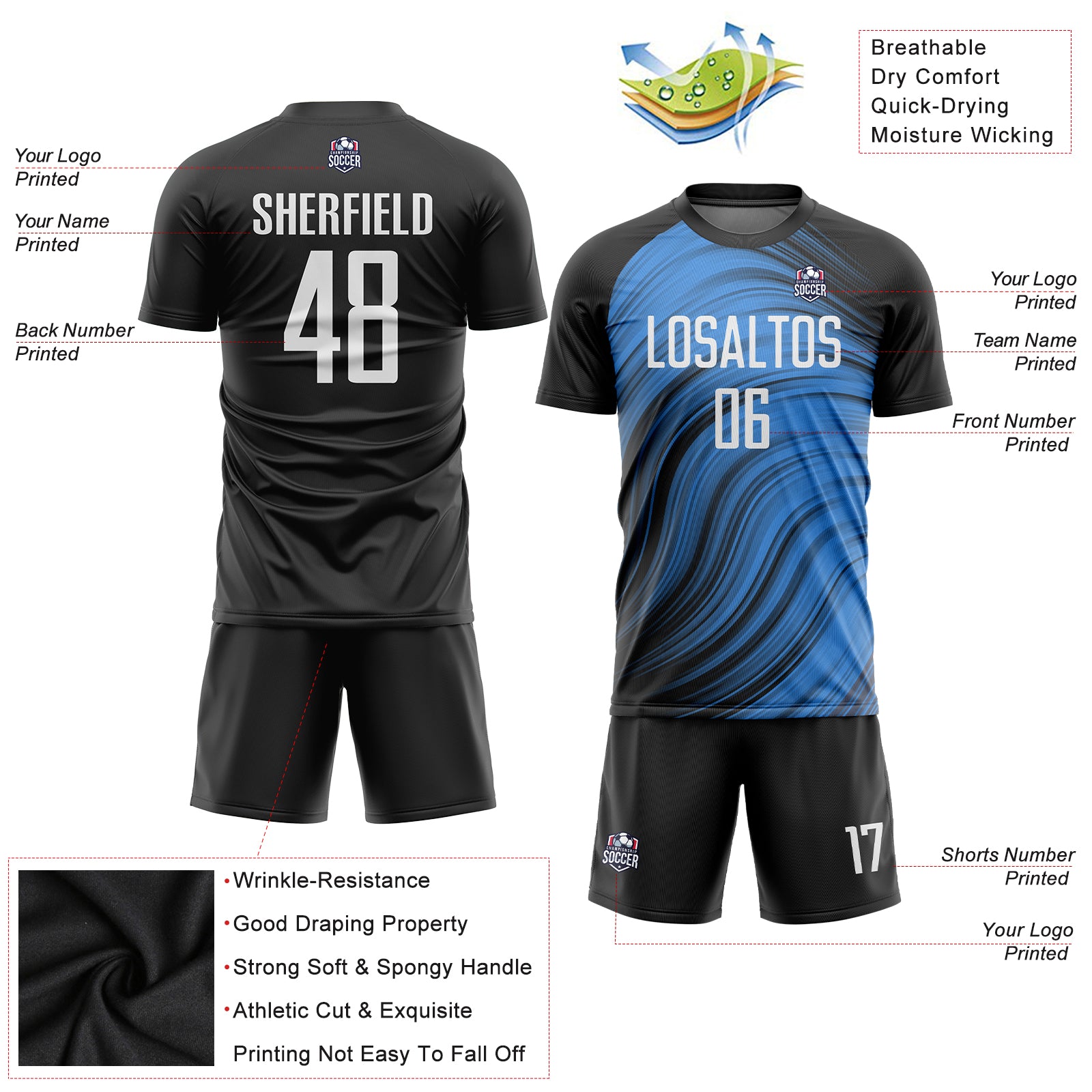Custom Light Blue White-Black Sublimation Soccer Uniform Jersey Style 4124 Light Blue Black White Custom Soccer Jersey Sublimation Uniform Style 4124 Custom Light Blue White-Black Sublimation Soccer - Image 3