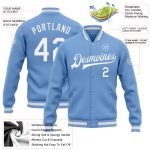 Light Blue White Bomber Varsity Jacket Custom Full-Snap Letterman Style Custom Light Blue White Bomber Full-Snap Varsity - Image 3