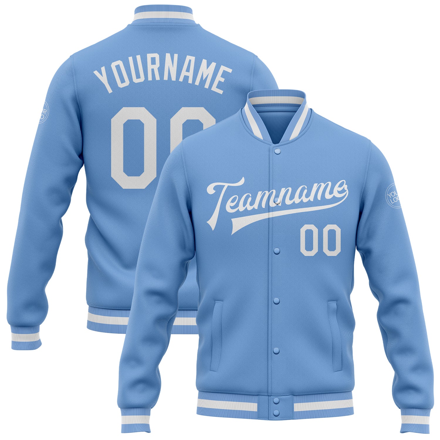Light Blue White Bomber Varsity Jacket Custom Full-Snap Letterman Style Custom Light Blue White Bomber Full-Snap Varsity