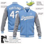 Light Blue Gray Two Tone Varsity Bomber Jacket Full-Snap Custom Letterman Custom Light Blue White-Gray Bomber Full-Snap Varsity - Image 3
