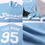 Light Blue Gray Two Tone Varsity Bomber Jacket Full-Snap Custom Letterman Custom Light Blue White-Gray Bomber Full-Snap Varsity - Image 2