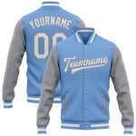 Light Blue Gray Two Tone Varsity Bomber Jacket Full-Snap Custom Letterman Custom Light Blue White-Gray Bomber Full-Snap Varsity
