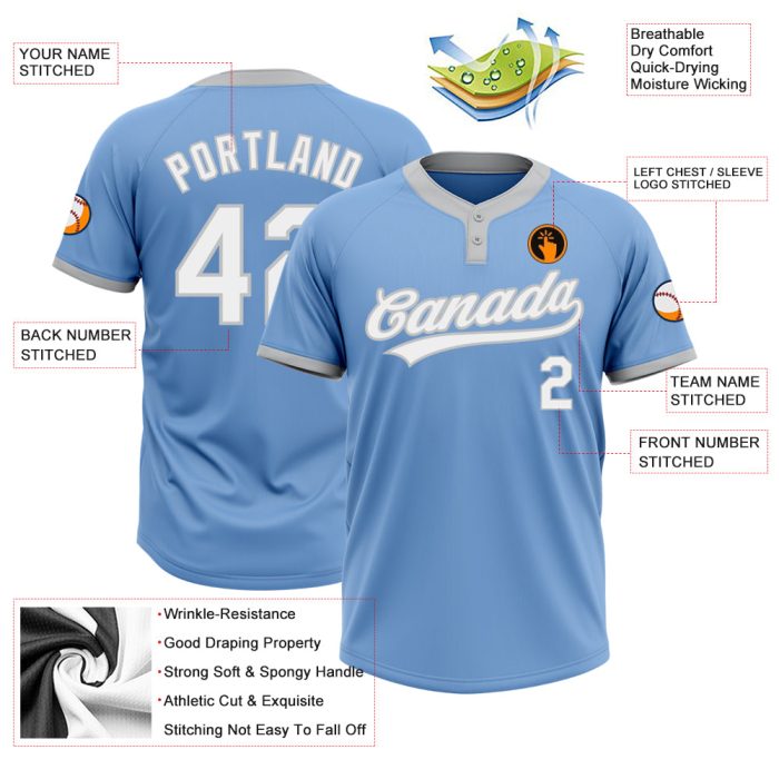 Light Blue White Gray Unisex Softball Jersey Custom Two-Button Design Custom Light Blue White-Gray Two-Button Unisex Softball - Image 3