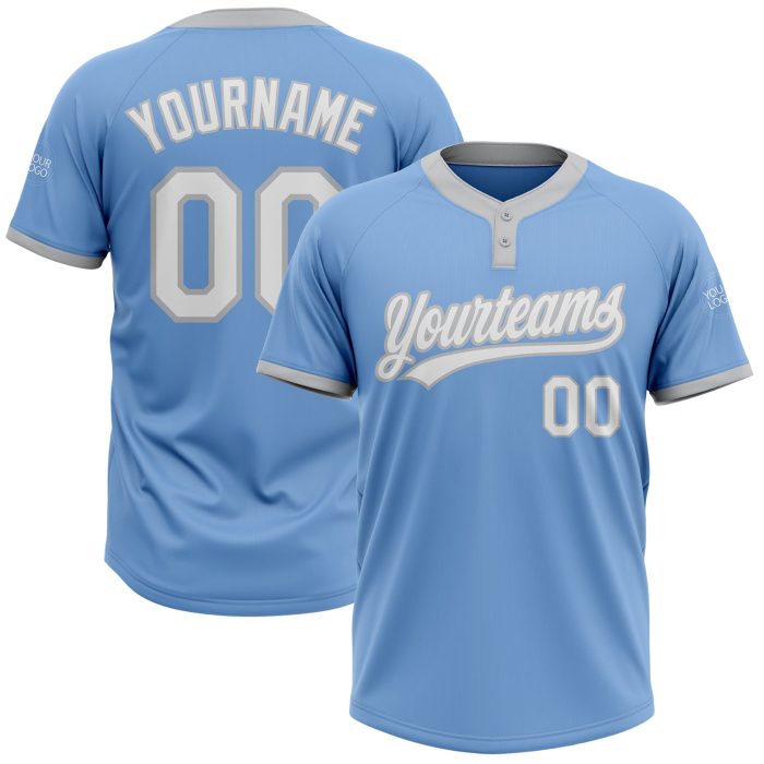 Light Blue White Gray Unisex Softball Jersey Custom Two-Button Design Custom Light Blue White-Gray Two-Button Unisex Softball - Image 1