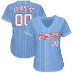 Custom Light Blue White Pinstripe Authentic Baseball Jersey - Red Trim Custom Light Blue White Pinstripe White-Red Authentic - Image 2
