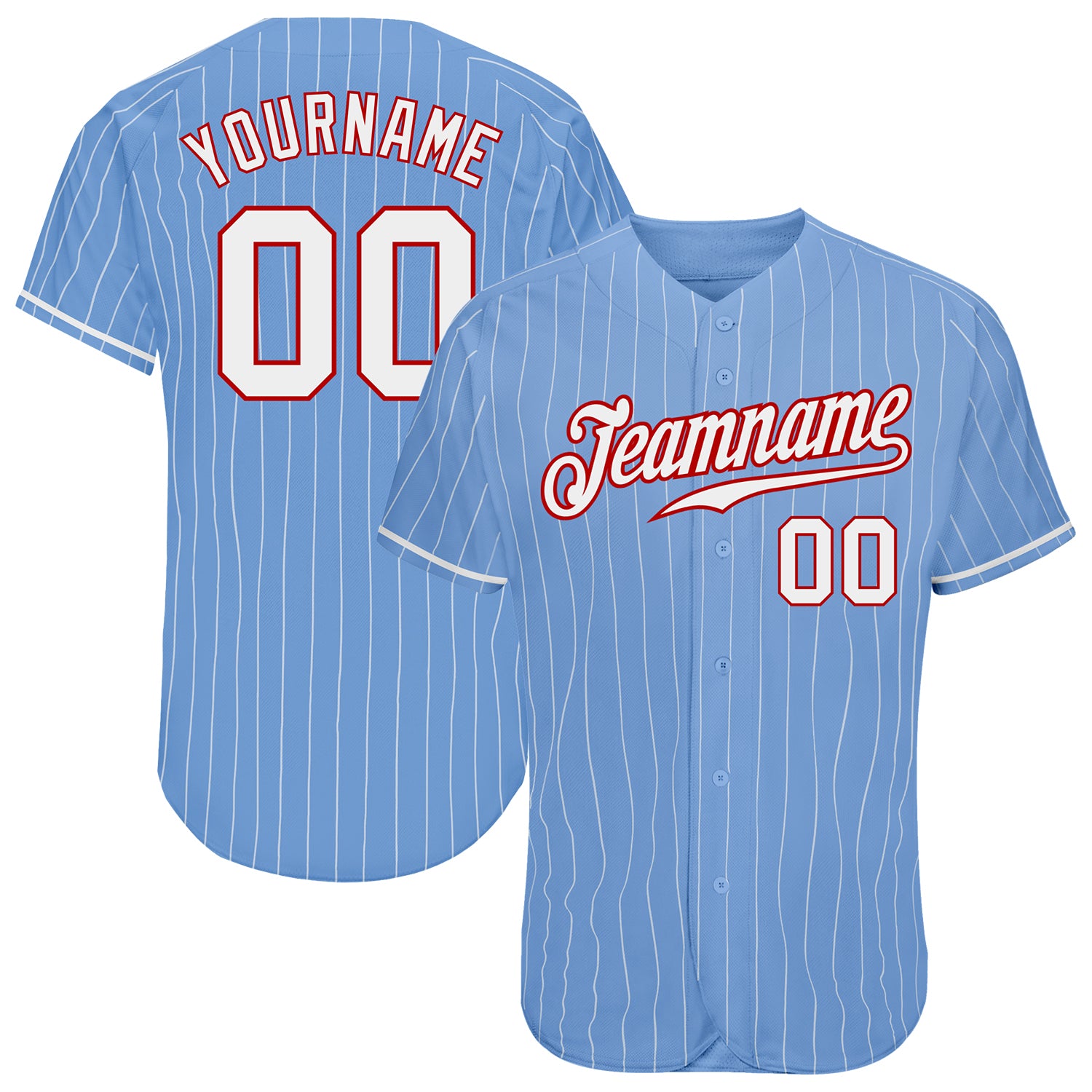 Custom Light Blue White Pinstripe Authentic Baseball Jersey - Red Trim Custom Light Blue White Pinstripe White-Red Authentic