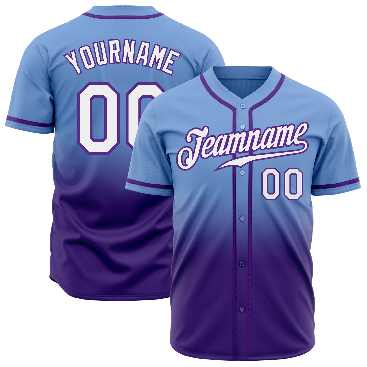 Custom Light Blue White-Purple Authentic Fade Fashion Baseball Jersey Light Blue White Purple Fade Custom Fashion Baseball Jersey Custom Light Blue White-Purple Authentic Fade Fashion Baseball - Image 1