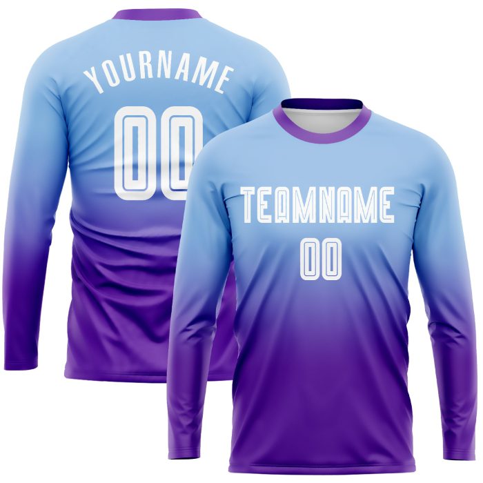 Custom Light Blue White Purple Soccer Jersey Long Sleeve Fade Fashion Uniform Custom Light Blue White-Purple Sublimation - Image 1