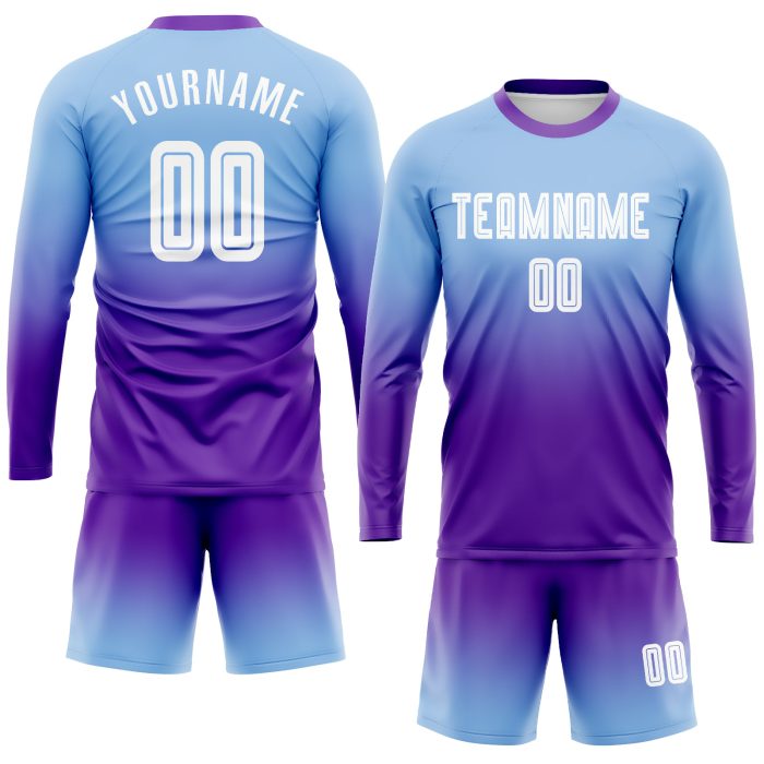 Custom Light Blue White Purple Soccer Jersey Long Sleeve Fade Fashion Uniform Custom Light Blue White-Purple Sublimation - Image 2