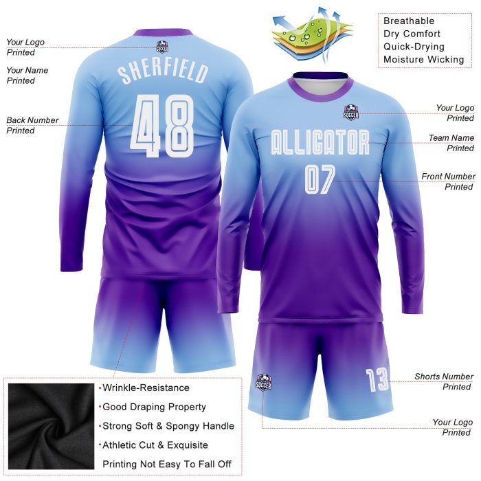 Custom Light Blue White Purple Soccer Jersey Long Sleeve Fade Fashion Uniform Custom Light Blue White-Purple Sublimation - Image 3