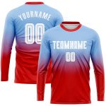 Custom Light Blue Red White Soccer Uniform Jersey Long Sleeve Fade Fashion Sublimation Custom Light Blue White-Red Sublimation