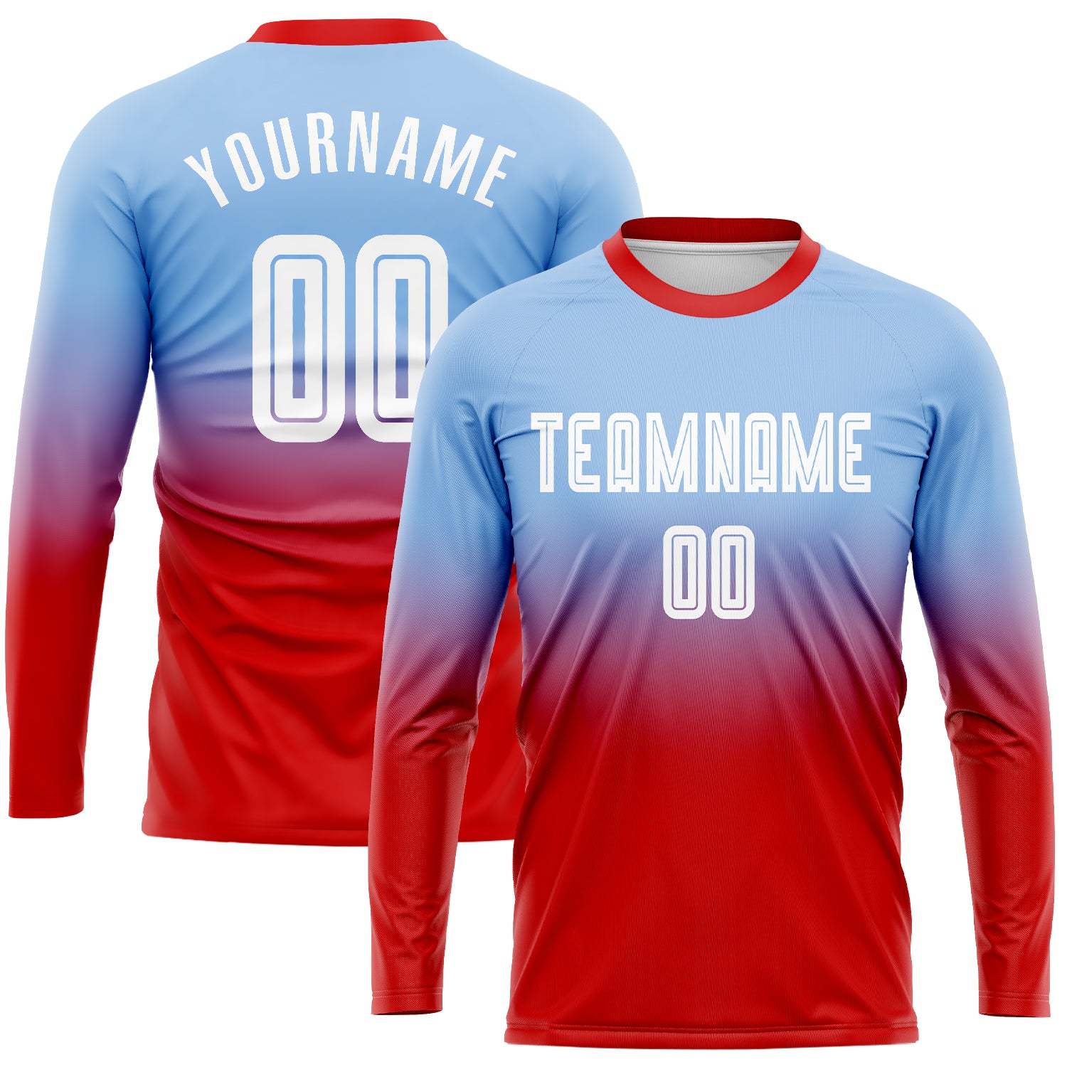 Custom Light Blue Red White Soccer Uniform Jersey Long Sleeve Fade Fashion Sublimation Custom Light Blue White-Red Sublimation