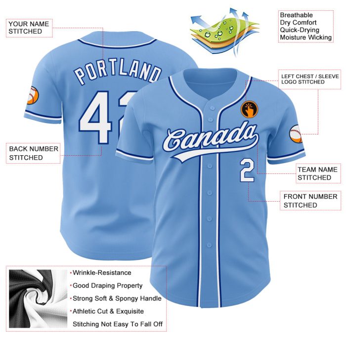 Light Blue White-Royal Baseball Jersey - Custom Authentic Design Custom Light Blue White-Royal Authentic Baseball Jersey - Image 3
