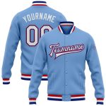 Custom Bomber Varsity Letterman Jacket Light Blue White Royal Red Full-Snap Custom Light Blue White Royal-Red Bomber Full-Snap