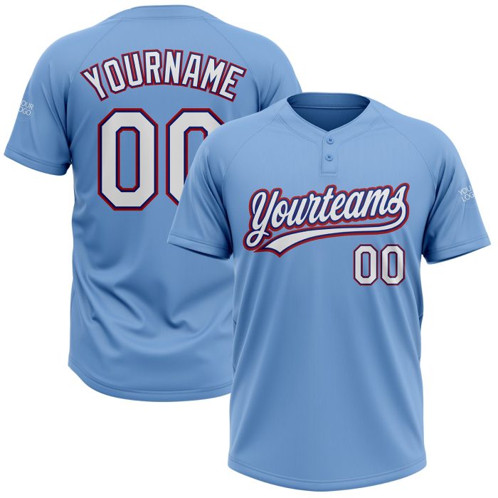 Light Blue White Royal Red Two-Button Unisex Softball Jersey - Customizable Design for Teams and Fans Custom Light Blue White - Image 1