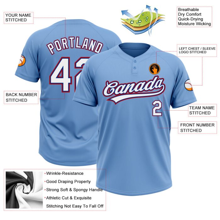 Light Blue White Royal Red Two-Button Unisex Softball Jersey - Customizable Design for Teams and Fans Custom Light Blue White - Image 3
