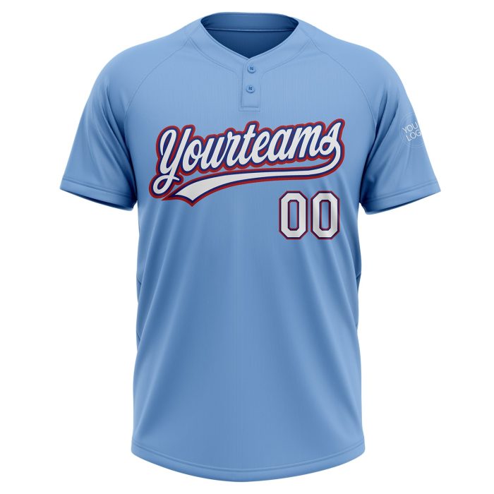 Light Blue White Royal Red Two-Button Unisex Softball Jersey - Customizable Design for Teams and Fans Custom Light Blue White - Image 2