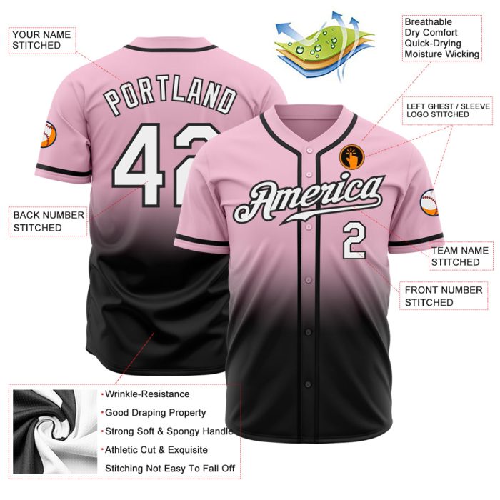 Light Pink Black White Authentic Fade Fashion Baseball Jersey - Custom Design Custom Light Pink White-Black Authentic Fade - Image 2