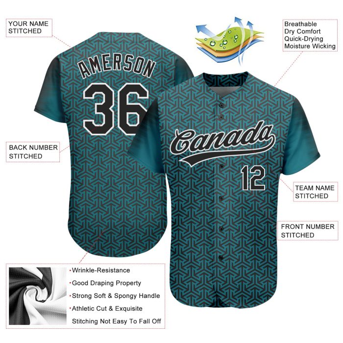 Midnight Green 3D Pattern Baseball Jersey - Custom Black and White Design Authentic Jersey Custom Midnight Green Black-White - Image 3