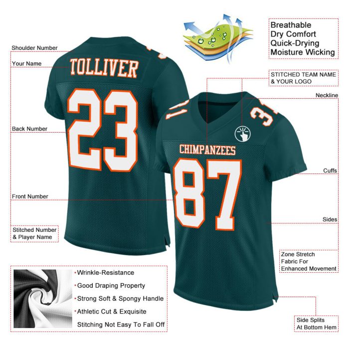 Midnight Green Custom Football Jersey - Authentic White-Orange Mesh Design Custom Midnight Green White-Orange Mesh Authentic - Image 2