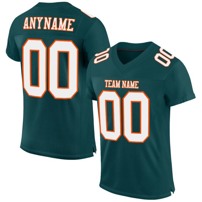 Midnight Green Custom Football Jersey - Authentic White-Orange Mesh Design Custom Midnight Green White-Orange Mesh Authentic - Image 1