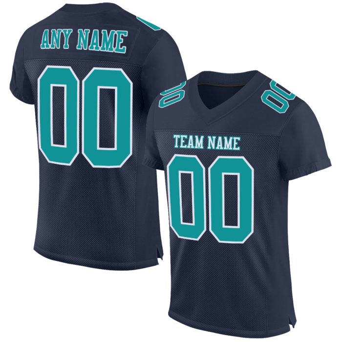 Custom Aqua Navy Football Jersey - Authentic Mesh Design, Personalized Style Custom Navy Aqua-White Mesh Authentic Football - Image 1