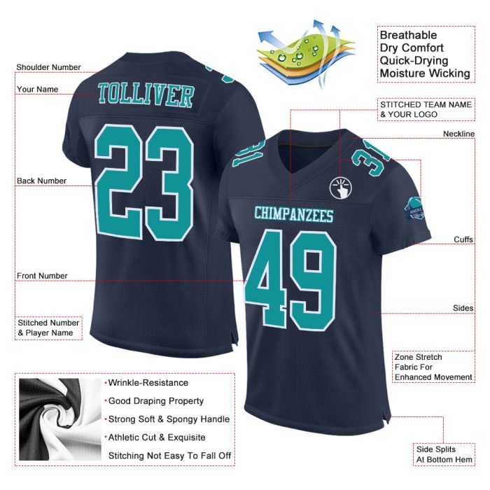 Custom Aqua Navy Football Jersey - Authentic Mesh Design, Personalized Style Custom Navy Aqua-White Mesh Authentic Football - Image 2