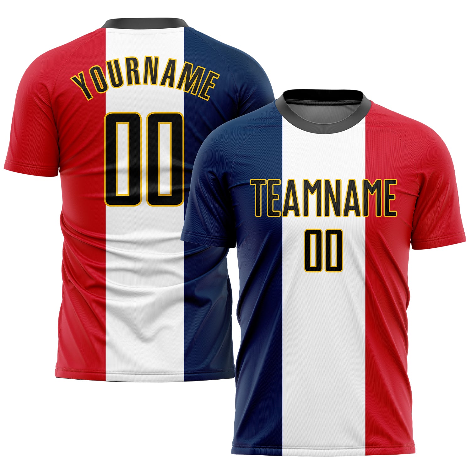 Custom Navy Black White Red-Gold Sublimation French Flag Soccer Uniform Jersey Custom French Flag Soccer Jersey - Navy Black White Red Gold Sublimation Uniform Custom Navy Black White Red-Gold Sublimation - Image 1