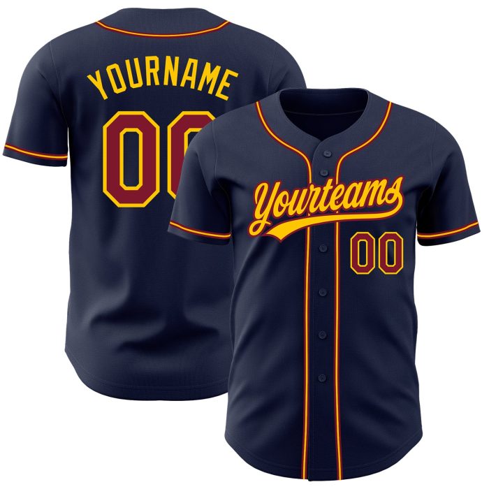 Custom Navy Crimson Gold Baseball Jersey - Authentic Sports Apparel Custom Navy Crimson-Gold Authentic Baseball Jersey - Image 1