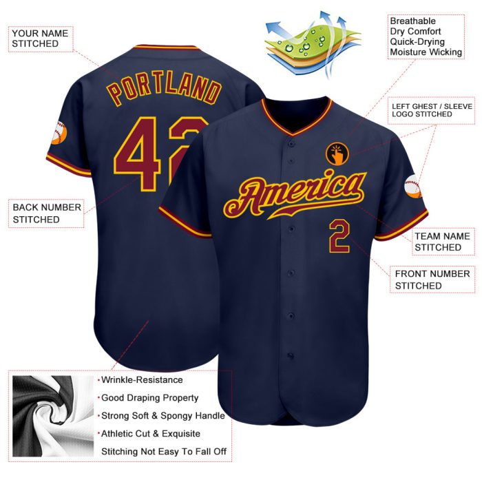 Custom Navy Crimson Gold Baseball Jersey Authentic Style 7539 Custom Navy Crimson-Gold Authentic Baseball Jersey Style 7539 - Image 3
