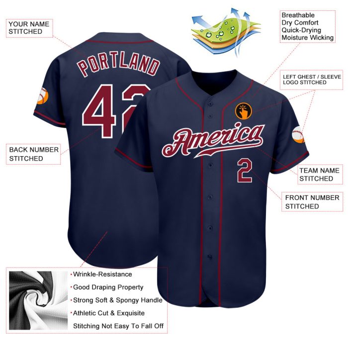 Custom Baseball Jersey - Navy Red White Authentic Team Jersey Custom Navy Crimson-White Authentic Baseball Jersey - Image 3
