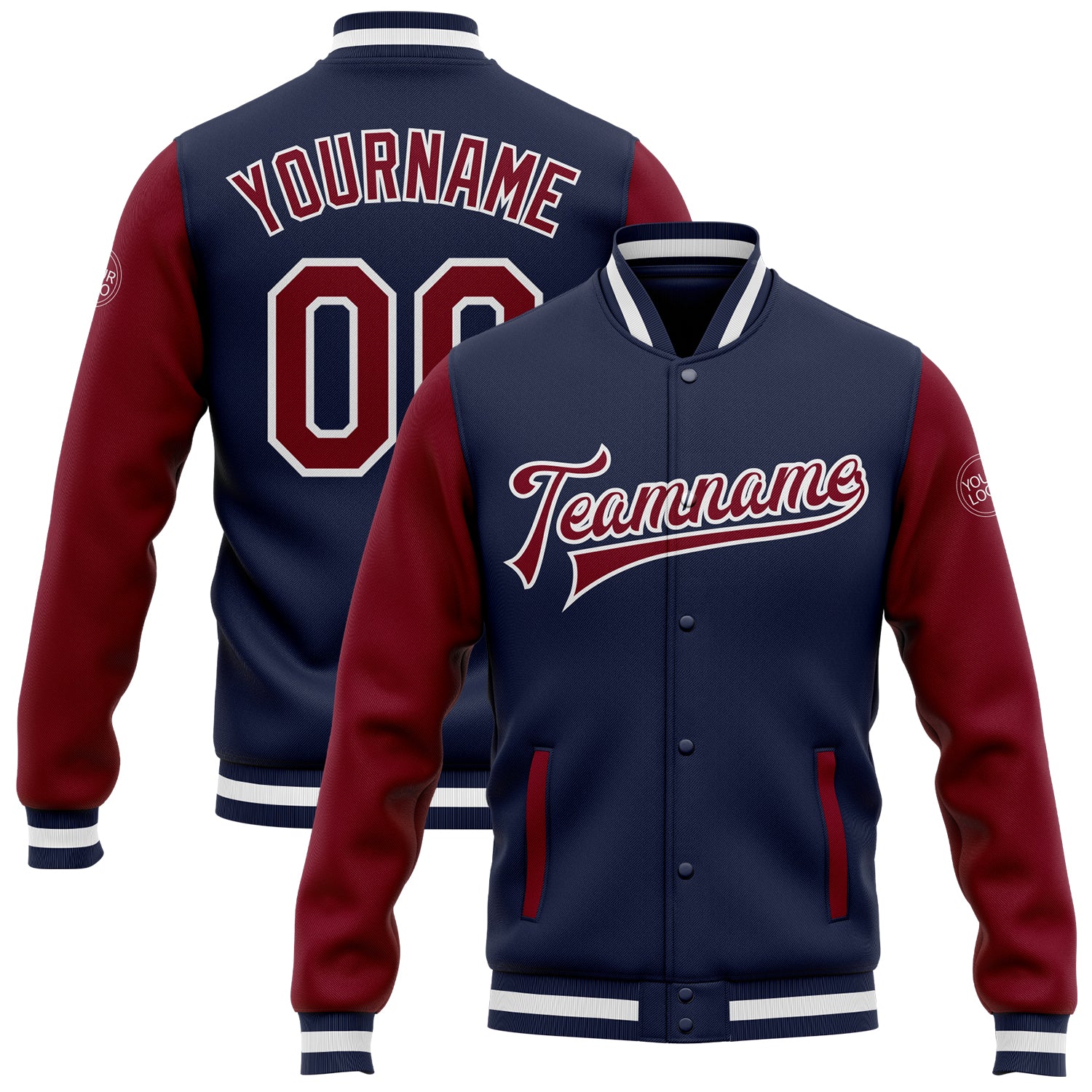 Navy Crimson-White Varsity Letterman Bomber Jacket Full-Snap Two Tone Custom Design Custom Navy Crimson-White Bomber Full-Snap