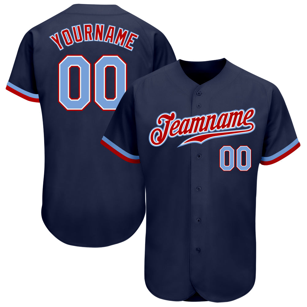 Custom Authentic Baseball Jersey - Navy Light Blue Red Design, Perfect for Fans and Teams Custom Navy Light Blue-Red Authentic