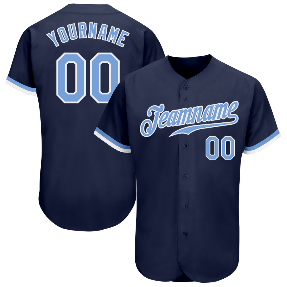 Custom Navy Light Blue-White Authentic Baseball Jersey Navy Light Blue White Custom Baseball Jersey - Authentic Team Sports Apparel Custom Navy Light Blue-White Authentic Baseball - Image 1