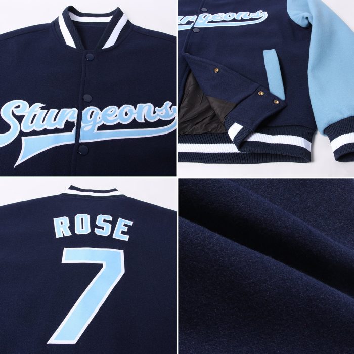 Custom Two Tone Varsity Letterman Bomber Jacket Navy Light Blue White Full-Snap Custom Navy Light Blue-White Bomber Full-Snap - Image 2