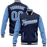 Custom Two Tone Varsity Letterman Bomber Jacket Navy Light Blue White Full-Snap Custom Navy Light Blue-White Bomber Full-Snap