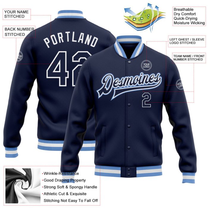 Custom Navy Light Blue Varsity Letterman Bomber Jacket Full-Snap Custom Navy Navy-Light Blue Bomber Full-Snap Varsity Letterman - Image 3