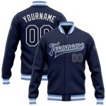 Custom Navy Light Blue Varsity Letterman Bomber Jacket Full-Snap Custom Navy Navy-Light Blue Bomber Full-Snap Varsity Letterman