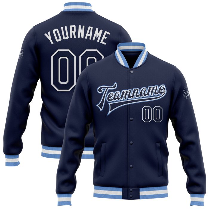 Custom Navy Light Blue Varsity Letterman Bomber Jacket Full-Snap Custom Navy Navy-Light Blue Bomber Full-Snap Varsity Letterman - Image 1